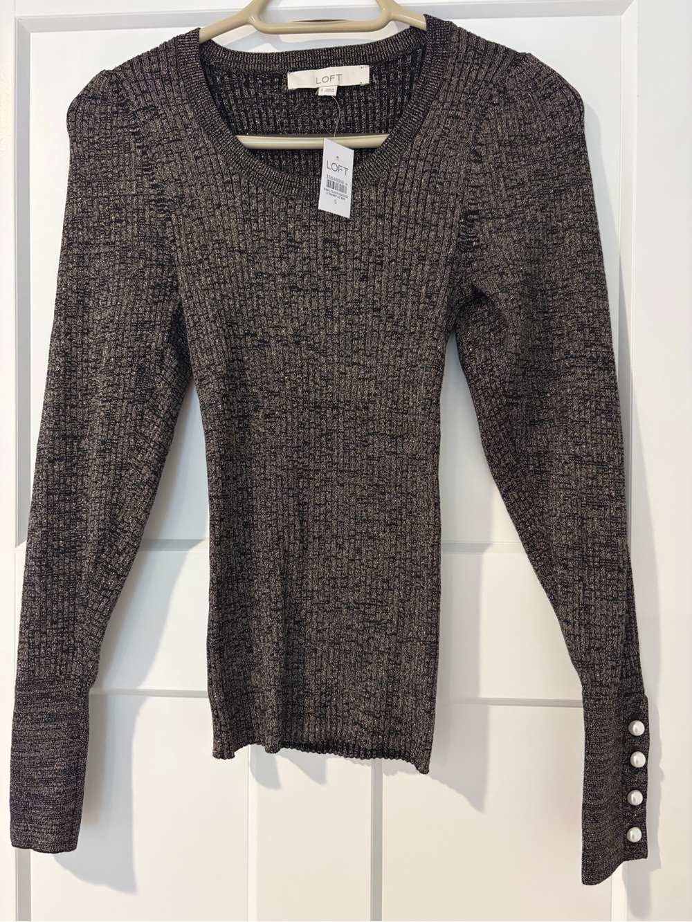 LOFT Black Marled Ribbed Sweater with Pearl Button Cuffs